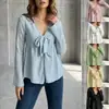 Outono Europeu e Americano 2026 Nova Moda Feminina Top Texturizado com Gola V Laço e Manga Sino