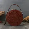Bolsa Pequena Redonda Retro em Relevo, Bolsa de Mão com Transferência, Bolsa Feminina Festiva, Bolsa de Couro Genuíno, Bolsa Transversal de Ombro Feminina de Alta Qualidade