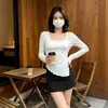 Camiseta de Manga Larga para Mujer, Diseño Irregular de Otoño e Invierno, Top Sexy, Estilo de Nicho, Corte Ajustado, Cuello Redondo, Camiseta para Capas Interiores