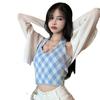 2024 Verão Novo Estilo Pure Desire Estilo Pendurado Pescoço Camisola de Malha Colete Pequeno Xadrez Sweet Spice Girl Roupa Interior Sexy Top Feminino