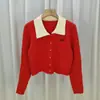 Novo Gola Polo de Inverno Cor Contrastante Estilo Preppy Tricô Curto de Manga Longa I Veludo Ártico Tricô Bordado Retrô