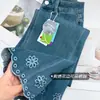 ¡Diseño de encaje bordado! Nuevos jeans rectos de otoño para mujeres petite, de tiro alto, con elasticidad en cuatro direcciones, pantalones de pierna ancha cropped
