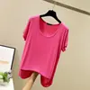 Camiseta de Verano Nueva de Modal Color Sólido Cuello Redondo Manga Corta para Mujer Holgada Adelgazante Camisa Base Dividida en Forma de U Top Versátil