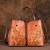 Bolsa Feminina de Couro Genuíno, Bolsa de Mão Vintage, Bolsa Tote Original Lavada na Cor, Toque de Luxo, Grande Capacidade, Múltiplos Compartimentos, Comércio Transfronteiriço