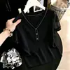 Camiseta de Tricô de Manga Curta Verão 2026 Solta Gola Meio Alta Camiseta Básica Cor Pura Manga Meia