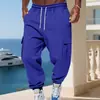 Comércio Transfronteiriço 2025 Estilo Americano Outono e Inverno Calça Cargo de Lã Masculina com Múltiplos Bolsos, Cordão, Cor Sólida, Calça Longa Casual Esportiva