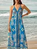 Amazon Europa y América Nuevo Comercio Exterior Floral Halter Cuello en V Vestido Largo Romántico de Tirantes Vestido de Vacaciones para Playa Mujer