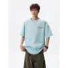 Camiseta masculina de manga curta tie-dye verde escuro bordada, top casual pesado estilo americano de verão com gola redonda, tendência de caimento solto, meia-manga