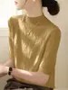 2026 Camisa Base de Punto de Lana de Moda con Mangas Medias Nueva Primavera/Verano Cuello Semi Alto Simple Ajustado Top para Mujer