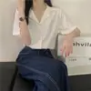 2025 Novo Verão Feminino Terno de Alta Qualidade Gola Camisa Manga Curta Camisa Chique de Nicho Camisa Retro Francesa