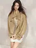Gabardina de Moda Color Caqui Estilo Británico de Doble Botonadura con Cuello Alto para Mujer, Chaqueta Corta Casual Suelta para Primavera y Otoño, Talla Petite