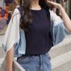 Estación Independiente Amazon 2025 Primavera y Verano Nuevo Tops Holgados de Talla Grande de Manga Corta Cuello Redondo Combinación de Colores Camiseta Manga Murciélago para Mujer