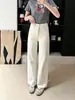 Pantalones Rectos Relajados de Otoño~Franceses de Cintura Alta Vintage Adelgazantes Sueltos Elásticos Rectos de Mezclilla para Mujer H081908