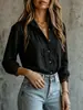 Camisa de manga comprida com botões, gola virada, decote em V, mangas bufantes tipo lanterna, retalhos de renda, estilo europeu e americano, retrô