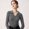 Suéter de cachemira 100% pura con cuello polo para mujer, corte ajustado, elegante, adecuado para el trabajo, capa base de punto