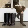 Botas de Caballero de Primera Capa de Piel de Vaca Botas Altas para Mujer Invierno Nuevo Punta Cuadrada Botas de Tacón de Aguja Botas sin Cierre Hasta la Rodilla Botas de Caña Recta para Mujer