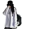 Camiseta base branca com estampa, estilo ins coreano Harajuku, comprimento médio, manga longa, modelagem solta para mulheres, moderna