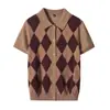 Outono 2026 Novo Cardigan de Tricô Gola Polo Lã Merino Fina Manga Curta Camiseta Feminina Suéter Casual Fashion