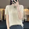 Nuevo top de mujer de lana de color liso estilo coreano con mangas cortas, diseño holgado de cuello redondo con base de punto trenzado