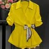 Camisa Elegante de Trabajo con Lazo para Mujer, Estilo Amazon Transfronterizo Europeo y Americano, Cuello en V, Ceñida a la Cintura, Top de Trabajo Adelgazante