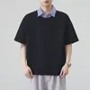 2025 Camiseta de Alta Qualidade Falsa Duas Peças Gola Camisa Masculina Marca Tendência Lapela Manga Curta Estilo de Rua Solta Meia Manga Camisa Polo