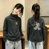 Camiseta Térmica de Manga Larga Base Casual para Niña Otoño/Invierno Nuevo Estilo Cuello Semi Alto Parte Superior Cepillada Ropa Interior Rayada para Bebé