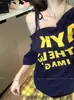 Camiseta de Tirantes con Estampado de Letras y Hombros Descubiertos de Manga Corta para Mujer Verano Diseño Americano Holgado Sexy Top Versátil de Media Manga
