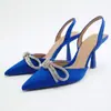 Nuevos Zapatos de Mujer Primavera y Verano 2025 Azules con Pedrería Lazo Sandalias de Tacón Alto Slingback Mules Punta Fina con Correa Trasera para Mujer