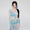 Maiô Feminino Biquíni Separado Quatro Peças Manga Longa Saia Longa Sexy Estilo Pura Luxúria 2024 Novo Maiô