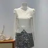 Blusa de tricô manga longa estilo francês para mulheres, moda outono e inverno, gola V, gola halter, cruzada, blusa base afina a silhueta, top único