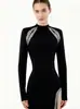Vestido Largo de Noche Ajustado al Cuerpo con Abertura, Diseño de Manga Larga de Nuevo Estilo Hueco Transversal con Adornos de Pedrería
