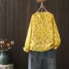Blusa de manga longa feminina com estampa total, decote V, meio botão, pulôver, primavera 2025, atacado