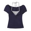 Camiseta Feminina Doce Sexy Slim Halterneck Falsa Duas Peças Manga Curta para Mulheres 2025 Novo Top Sexy Slim para Usar por Baixo