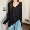 Suéter de Punto de Manga Larga con Cuello en V para Mujer, Camiseta de Punto para Principios de Otoño, Nuevo Estilo, Talla Grande, Adelgazante, Holgado, Casual para Mujeres con Sobrepeso
