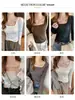 Top gris sin costuras de estilo coreano para mujer, ajustado, elegante, con cuello cuadrado, manga larga, de alta gama, para otoño e invierno