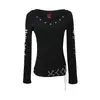 Top de Mujer Americano Retro Estampado con Decoración de Cadena, Corte Ajustado de Manga Larga, Nuevo Estilo de Primavera, Estilo Asiático Ligero, Adelgazante y Favorecedor, Top de Moda