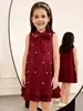 Vestido de Verão para Meninas Cor Vinho Laço Pérola Bainha de Renda Dupla Camada Vestido Roupas Infantis Transfronteiriças