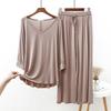 Camiseta de Manga Larga con Cuello en V Pantalones Casuales Acortados Conjunto de Dos Piezas para Mujer Primavera y Verano Algodón Modal Pantalones de Pierna Ancha Traje de Pijama para Casa