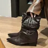 Botas Vaqueras Occidentales de Punta Fina Chuyuji para Mujer, Adelgazantes para Otoño e Invierno, Botines Cortos Maillard, Botas de Montar Retro de Tacón Bajo a Media Pantorrilla