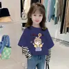 G2320 # Camiseta de Manga Larga para Niña Primavera y Otoño 2025 100% Algodón Puro Camiseta Base Rayada de Falso Dos Piezas Moderna