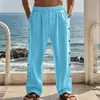 Pantalones de Lino Transfronterizos Estilo Primavera y Otoño Cintura con Cordón Hebilla Lateral Color Sólido Cómodos Diarios Pantalones Casuales de Pierna Recta para Hombre