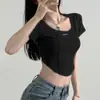 Camiseta Retrô Americana Preta com Alça de Espinha de Peixe Manga Curta para Mulheres Verão Curta Slim Cintura Alta Assimétrica Crop Top