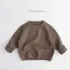 Nova Roupa de Outono/Inverno Infantil para Meninos e Meninas, Suéter da Moda Cor Sólida Estilo Coreano, Pulôver de Tricô Solto, Camiseta Básica Gola Redonda