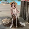 Vestido Longo Boêmio Vintage Floral Sem Alças para Mulheres, Vestido de Praia de Malha Patchwork para Férias de Verão na Praia