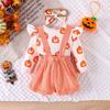 Trajes Europeos y Americanos de Primavera y Otoño para Niñas de Halloween para Bebés y Niños Pequeños Bata con Estampado de Calabaza de Manga Larga + Peto a Cuadros + Accesorios para la Cabeza
