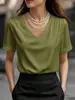 Camiseta de Satén de Manga Corta con Cuello en V para Mujer, Nueva Colección Primavera/Verano 2026 Europea y Americana, Top de Color Sólido de Moda y Elegante, Ropa para Mujer Transfronteriza en Stock