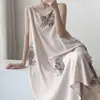 Camisola sem mangas estilo retrô para mulheres, fina de algodão e seda para o verão, estampa de elefante, comprimento midi, pode ser usada fora de casa, vestido de casa