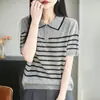 Camisa de Punto de Seda de Hielo a Rayas Retro para Mujer, Camiseta de Manga Corta con Cuello de Solapa, Corte Holgado, Top Adelgazante, Blusa Transpirable Versátil Casual