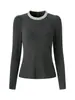 2515313 - Lindo Tricô Ribbed com Forro de Fleece e Detalhes em Strass, Elegante, Gola Redonda, Camisa Base para Mulheres