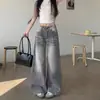 Pantalones de Pierna Ancha Lavado Gris Estilo Americano Alto para Mujer, Nuevos de Cintura Alta Holgados con Caída Rectos Largos hasta el Suelo Modernos